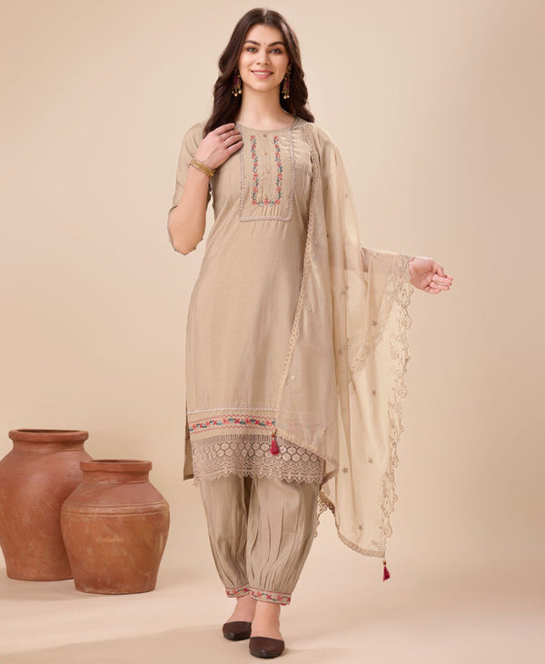 Prazu Fashion Beige Viscose Silk Embroidered Kurta Set With Afghani Salwar
