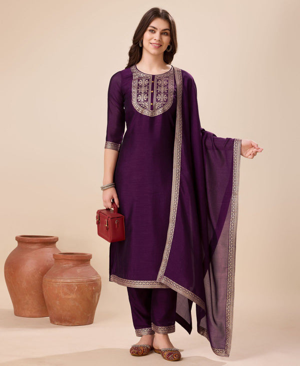 Prazu Fashion Purple Vichitra Silk Jacquard Salwar Suit