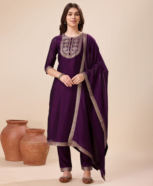 Prazu Fashion Purple Vichitra Silk Jacquard Salwar Suit