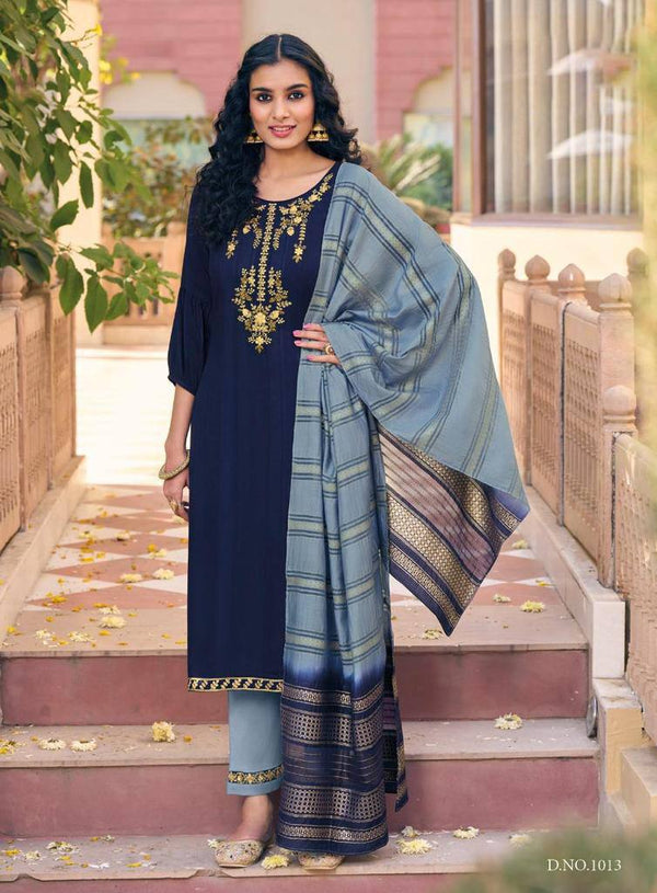 Prazu Fashion Blue Viscose Reyon Embroidered Salwar Suit
