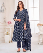 Thumbnail for Prazu Fashion Navy Blue Pure Cotton Geometric & Gold Foil Print Kurta Set