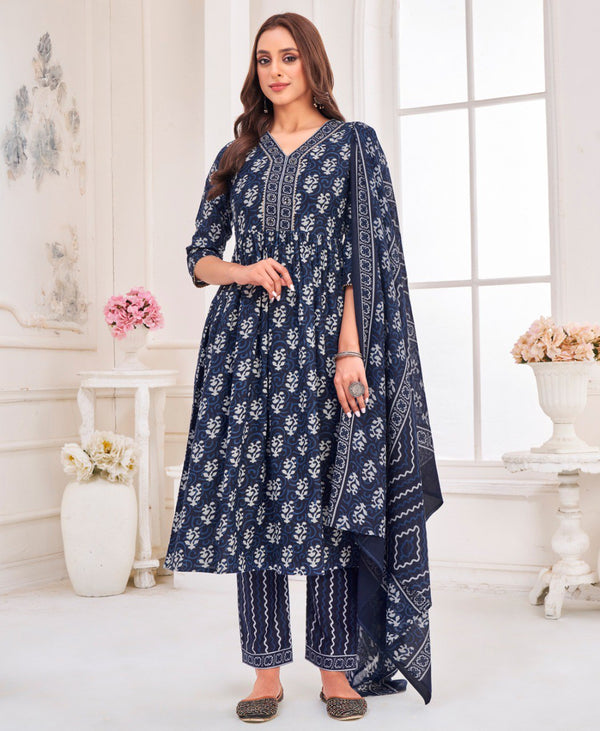 Prazu Fashion Navy Blue Pure Cotton Geometric & Gold Foil Print Kurta Set