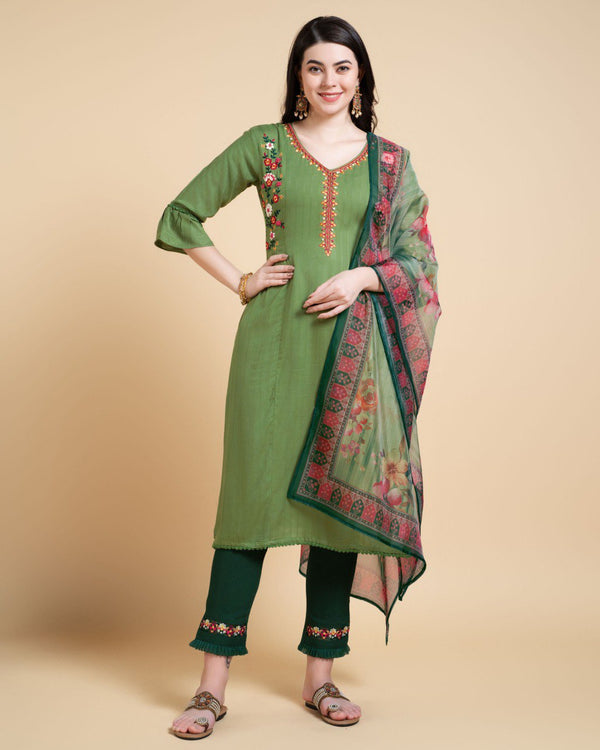 Prazu Fashion Mahendi Reyon Embroidered Kurta Set