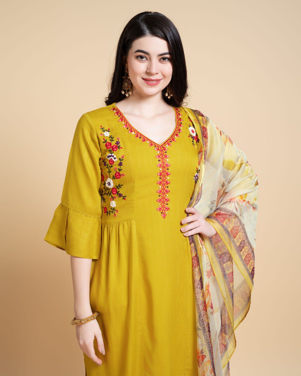 Prazu Fashion Yellow Reyon Embroidered Kurta Set