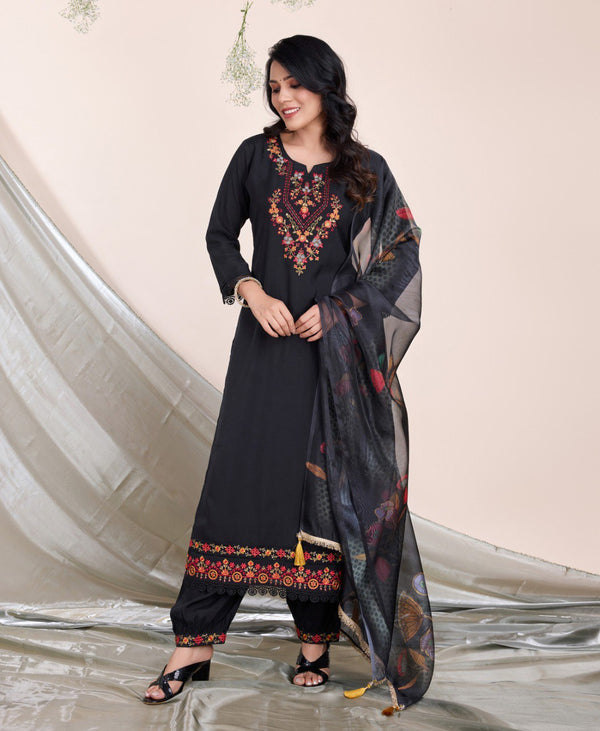 Prazu Fashion Black Embroidered Viscose Silk Kurta Set With Afghani Salwar