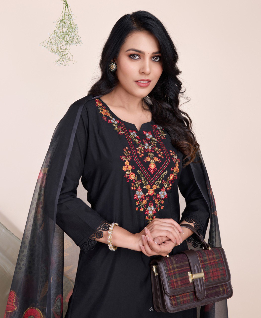 Prazu Fashion Black Embroidered Viscose Silk Kurta Set With Afghani Salwar