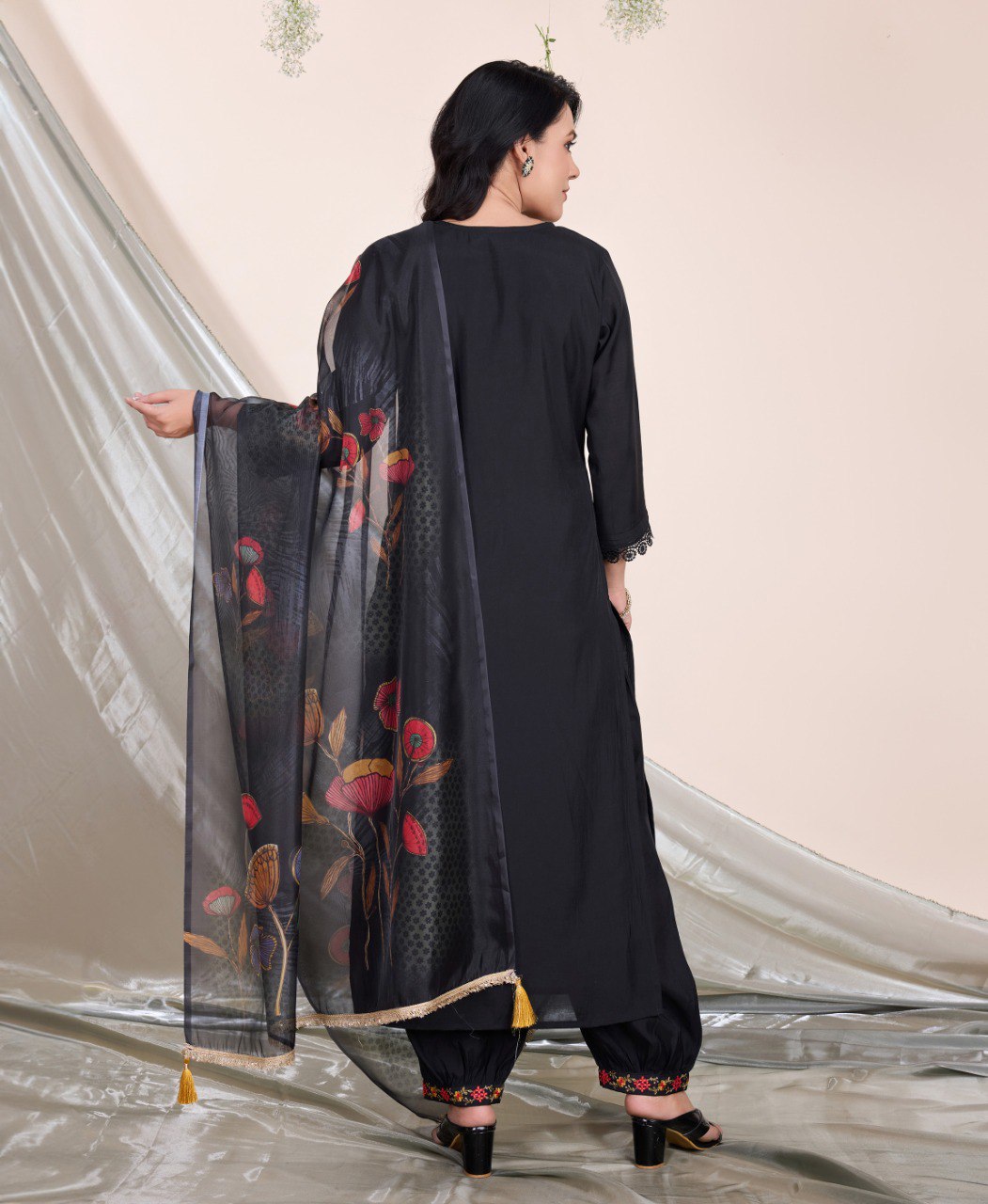 Prazu Fashion Black Embroidered Viscose Silk Kurta Set With Afghani Salwar