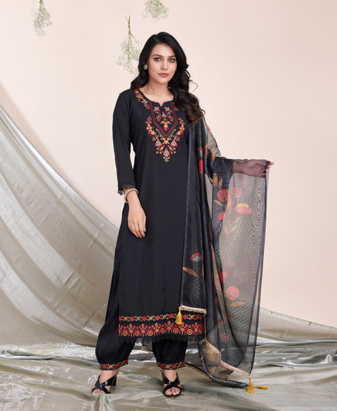 Prazu Fashion Black Embroidered Viscose Silk Kurta Set With Afghani Salwar
