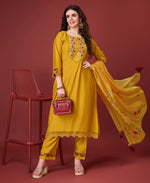 Thumbnail for Prazu Fashion Yellow Viscose Silk Embroidered Kurta Set