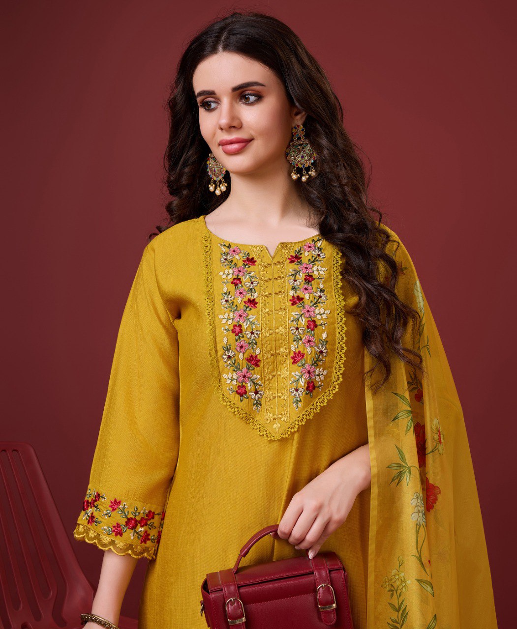 Prazu Fashion Yellow Viscose Silk Embroidered Kurta Set