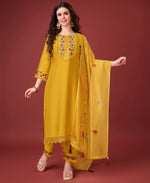 Thumbnail for Prazu Fashion Yellow Viscose Silk Embroidered Kurta Set