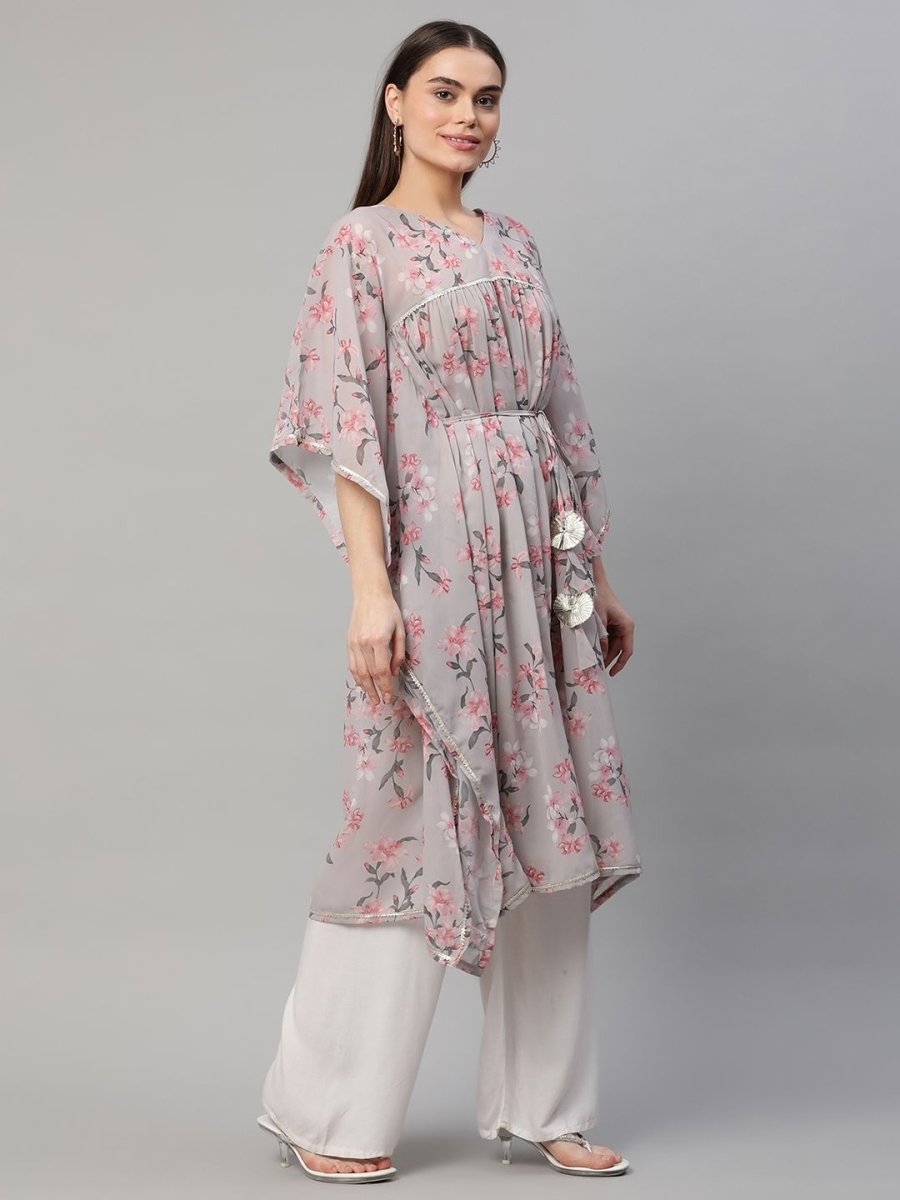 Ahalyaa Women Grey Georgette Floral Printed Kaftan Kurta - Distacart