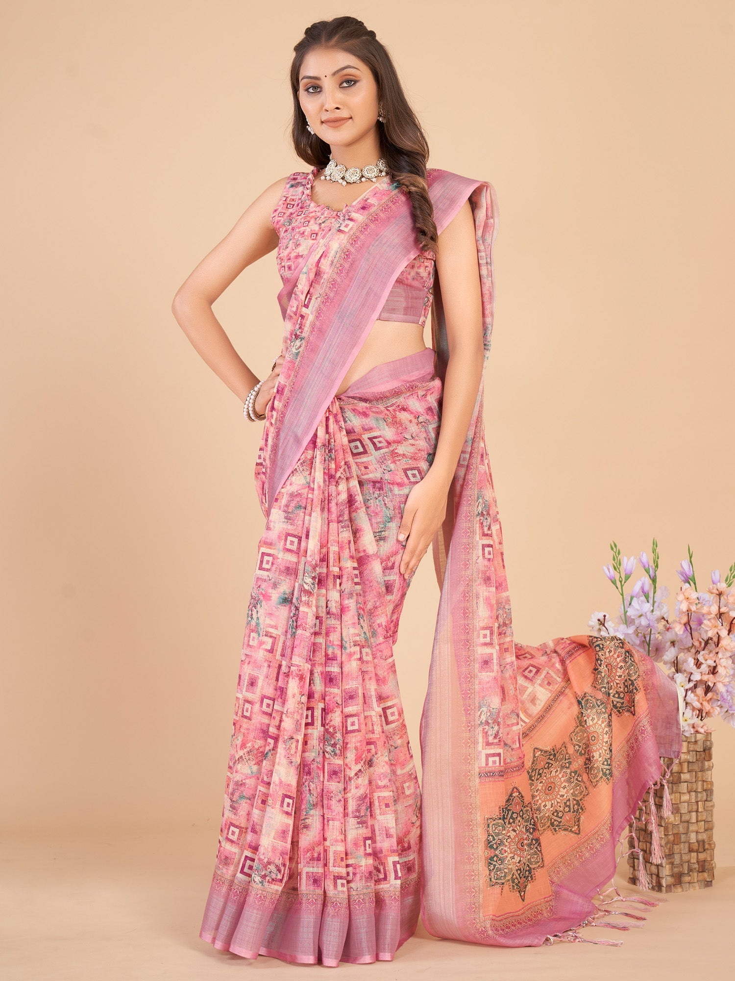 NOZ2TOZ Women's Linen Blend Pink Printed Designer Saree With Blouse Piece - Distacart