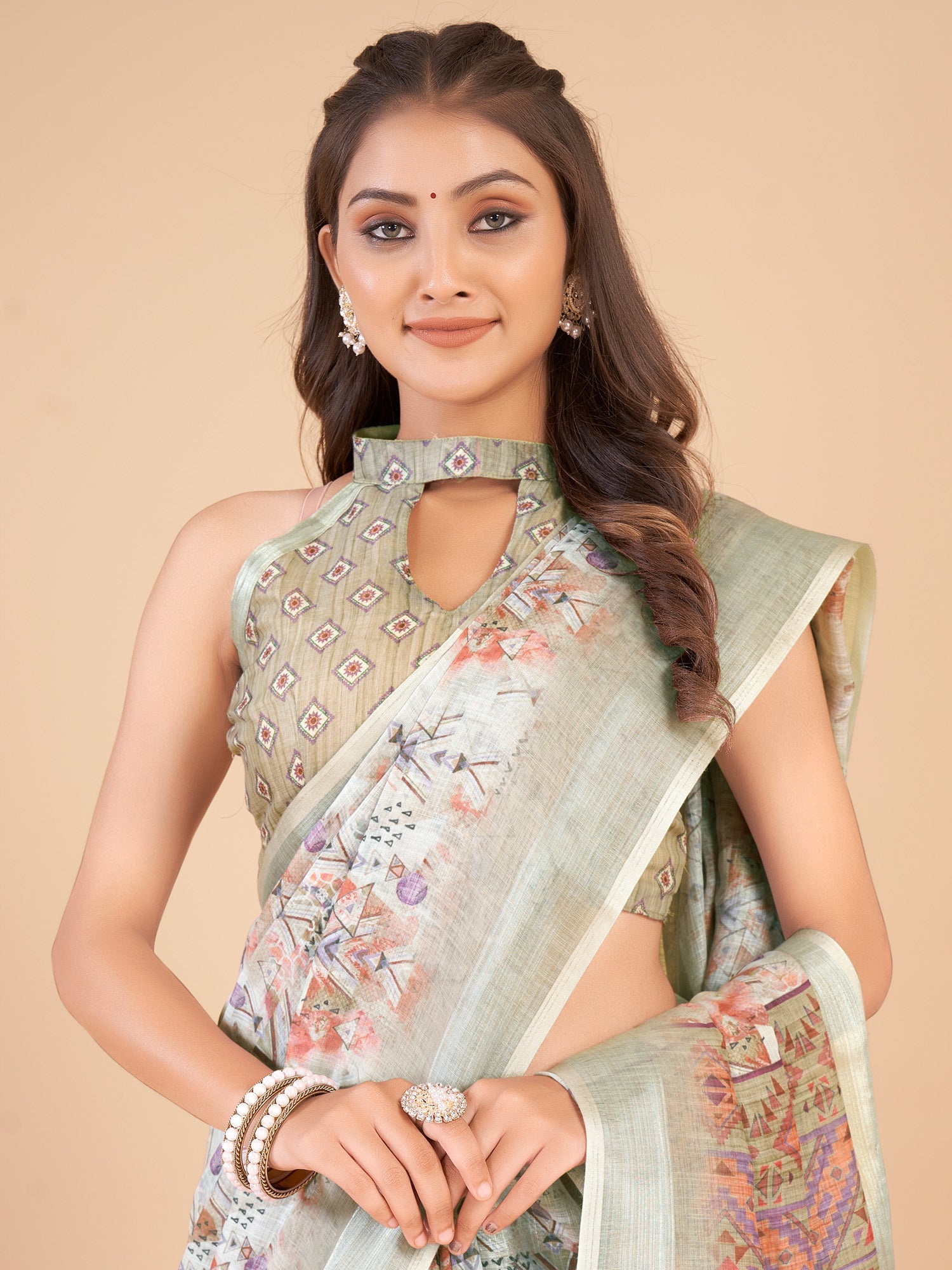 NOZ2TOZ Women's Linen Blend Light Green Printed Designer Saree With Blouse Piece - Distacart