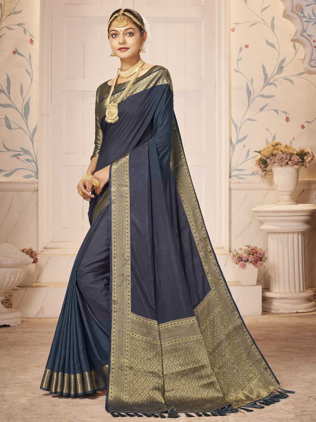 NOZ2TOZ Women's Nylon Navy Blue Woven Design Designer Saree With Blouse Piece - Distacart