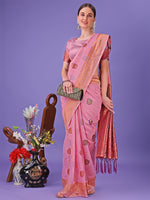 Thumbnail for Astita Light Pink Woven Zari Traditional Linen Cotton Saree with Rich Pallu & Unstitched Blouse - Festive & Wedding Wear Saree - Distacart