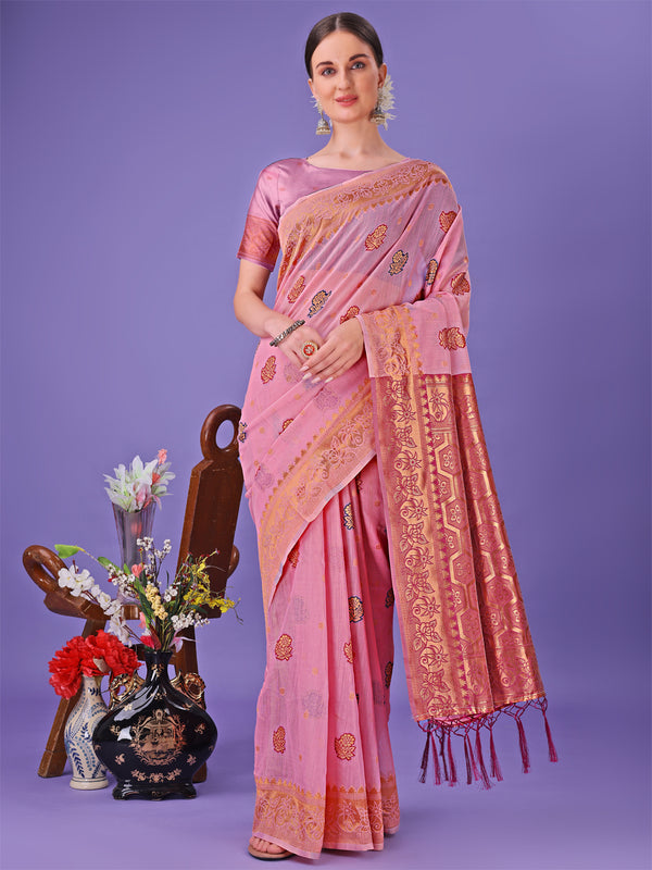 Astita Light Pink Woven Zari Traditional Linen Cotton Saree with Rich Pallu & Unstitched Blouse - Festive & Wedding Wear Saree - Distacart