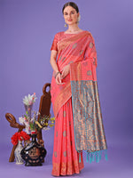 Thumbnail for Astita Pink Woven Zari Traditional Linen Cotton Saree with Rich Pallu & Unstitched Blouse - Festive & Wedding Wear Saree - Distacart