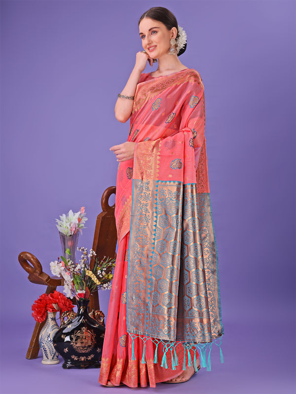 Astita Pink Woven Zari Traditional Linen Cotton Saree with Rich Pallu & Unstitched Blouse - Festive & Wedding Wear Saree - Distacart