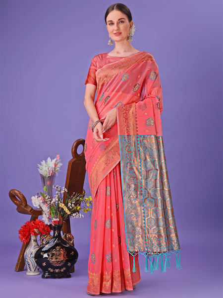 Astita Pink Woven Zari Traditional Linen Cotton Saree with Rich Pallu & Unstitched Blouse - Festive & Wedding Wear Saree - Distacart