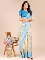 Thumbnail for Astita Cream & Sky Blue Banarasi silk Woven Zari Work Traditional Tassel Saree - Distacart