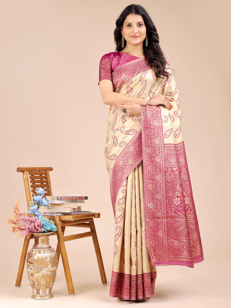 Astita Cream & Magenta Banarasi silk Woven Zari Work Traditional Tassel Saree - Distacart