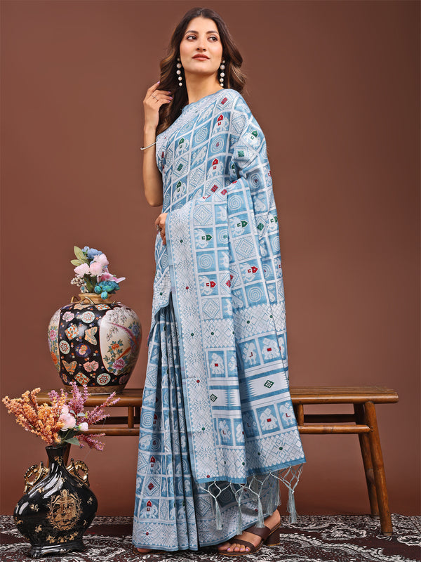 Astita Threads of Tradition: Sky Blue Linen Cotton Saree Woven with Stories of Grace & Heritage - Distacart