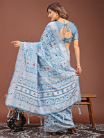 Thumbnail for Astita Threads of Tradition: Sky Blue Linen Cotton Saree Woven with Stories of Grace & Heritage - Distacart