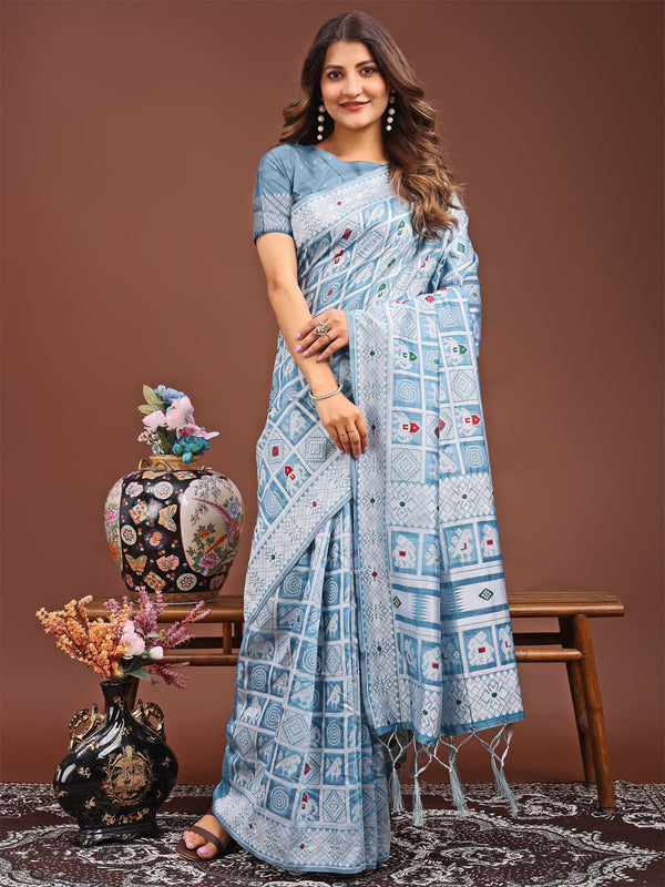 Astita Threads of Tradition: Sky Blue Linen Cotton Saree Woven with Stories of Grace & Heritage - Distacart