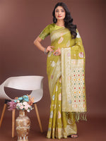 Thumbnail for Astita Elegant Olive Green Linen Cotton Saree with Zari Border & Woven Motifs - Perfect for Sophisticated Everyday & Festive Looks - Distacart