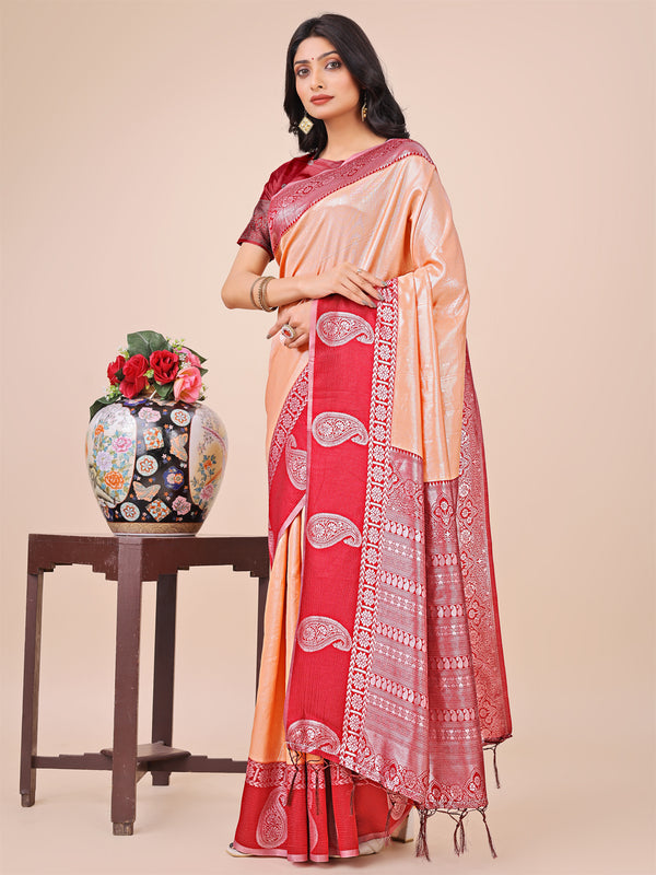 Astita Graceful Light & Dark Peach Silk Saree with Rich Woven Border & Paisley Pallu - Perfect for Festive & Wedding Wear - Distacart