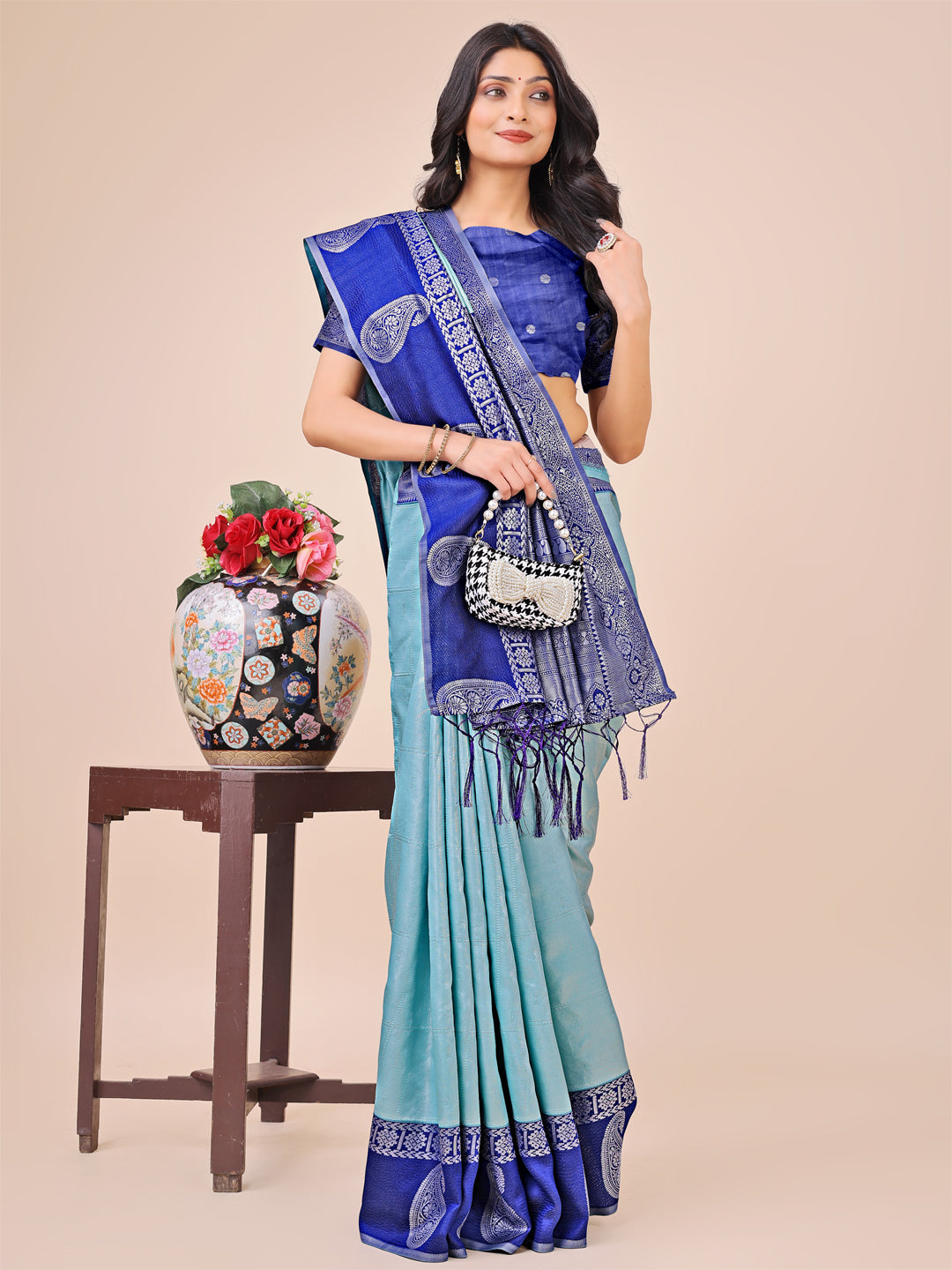 Astita Graceful Light & Dark Teal Silk Saree with Rich Woven Border & Paisley Pallu - Perfect for Festive & Wedding Wear - Distacart