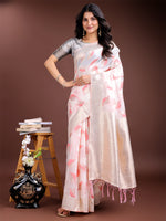 Thumbnail for Astita White & Pink Cotton Woven Zari Work Traditional Tassel Saree - Distacart