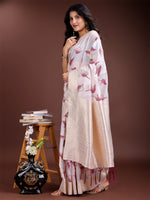 Thumbnail for Astita White & Purple Cotton Woven Zari Work Traditional Tassel Saree - Distacart