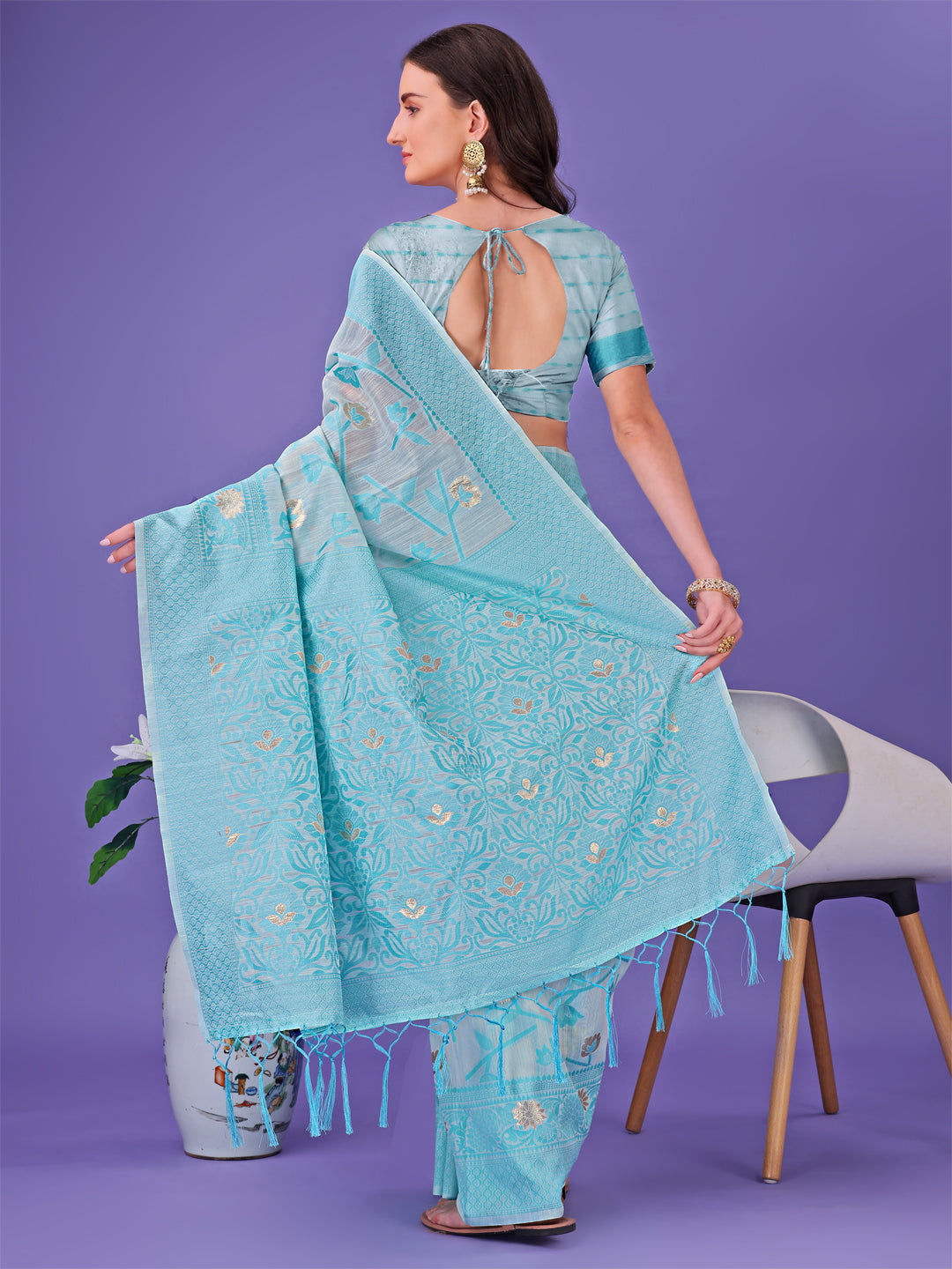 Astita Sky Blue Lichi Silk Saree with Floral Weaving & Tassel Pallu - Elegant Festive & Party Wear Saree - Distacart