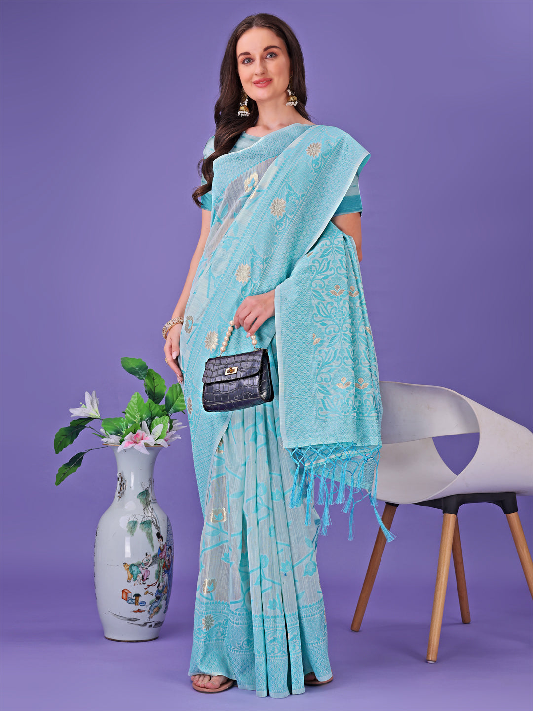 Astita Sky Blue Lichi Silk Saree with Floral Weaving & Tassel Pallu - Elegant Festive & Party Wear Saree - Distacart