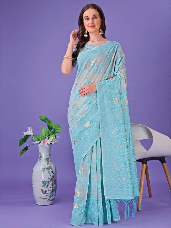 Astita Sky Blue Lichi Silk Saree with Floral Weaving & Tassel Pallu - Elegant Festive & Party Wear Saree - Distacart