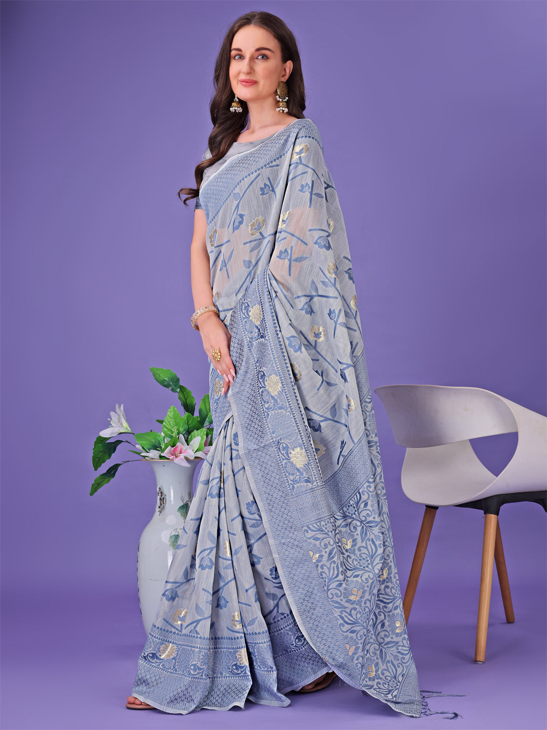 Astita Grey Lichi Silk Saree with Floral Weaving & Tassel Pallu - Elegant Festive & Party Wear Saree - Distacart