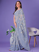 Thumbnail for Astita Grey Lichi Silk Saree with Floral Weaving & Tassel Pallu - Elegant Festive & Party Wear Saree - Distacart