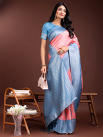 Thumbnail for Astita Graceful Peach & Blue Banarasi Silk Saree with Rich Zari Woven Border - Traditional Elegance for Celebrations - Distacart