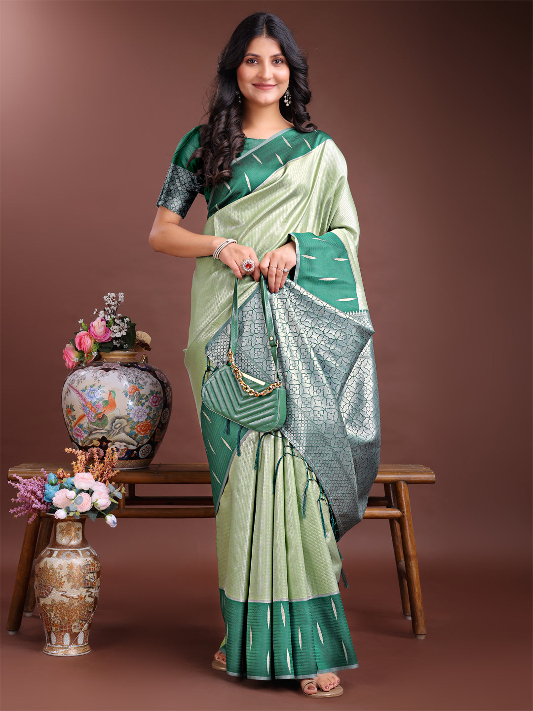 Astita Light Green Lichi Silk Woven Zari Work Traditional Tassel Saree - Distacart