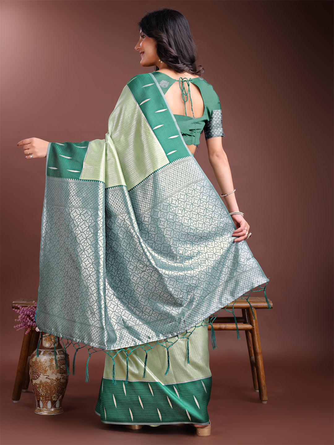 Astita Light Green Lichi Silk Woven Zari Work Traditional Tassel Saree - Distacart