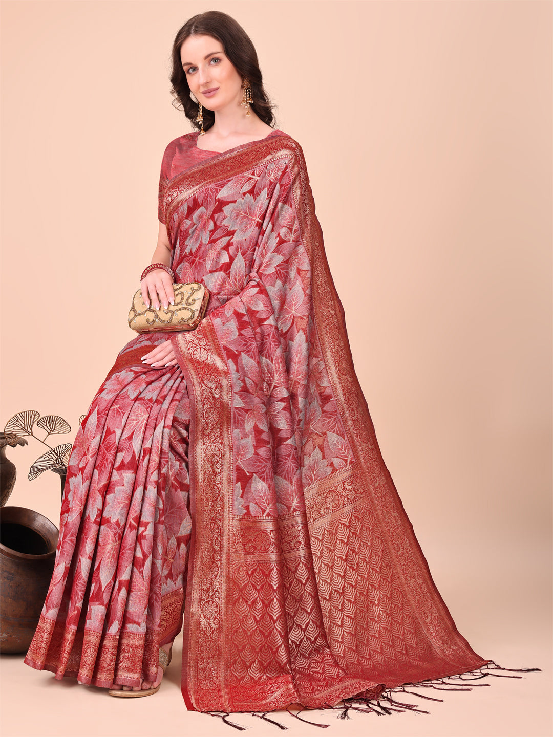 Astita Elegant Red Cotton Silk Saree with Floral Design & Rich Pallu - Festive & Wedding Wear - Distacart