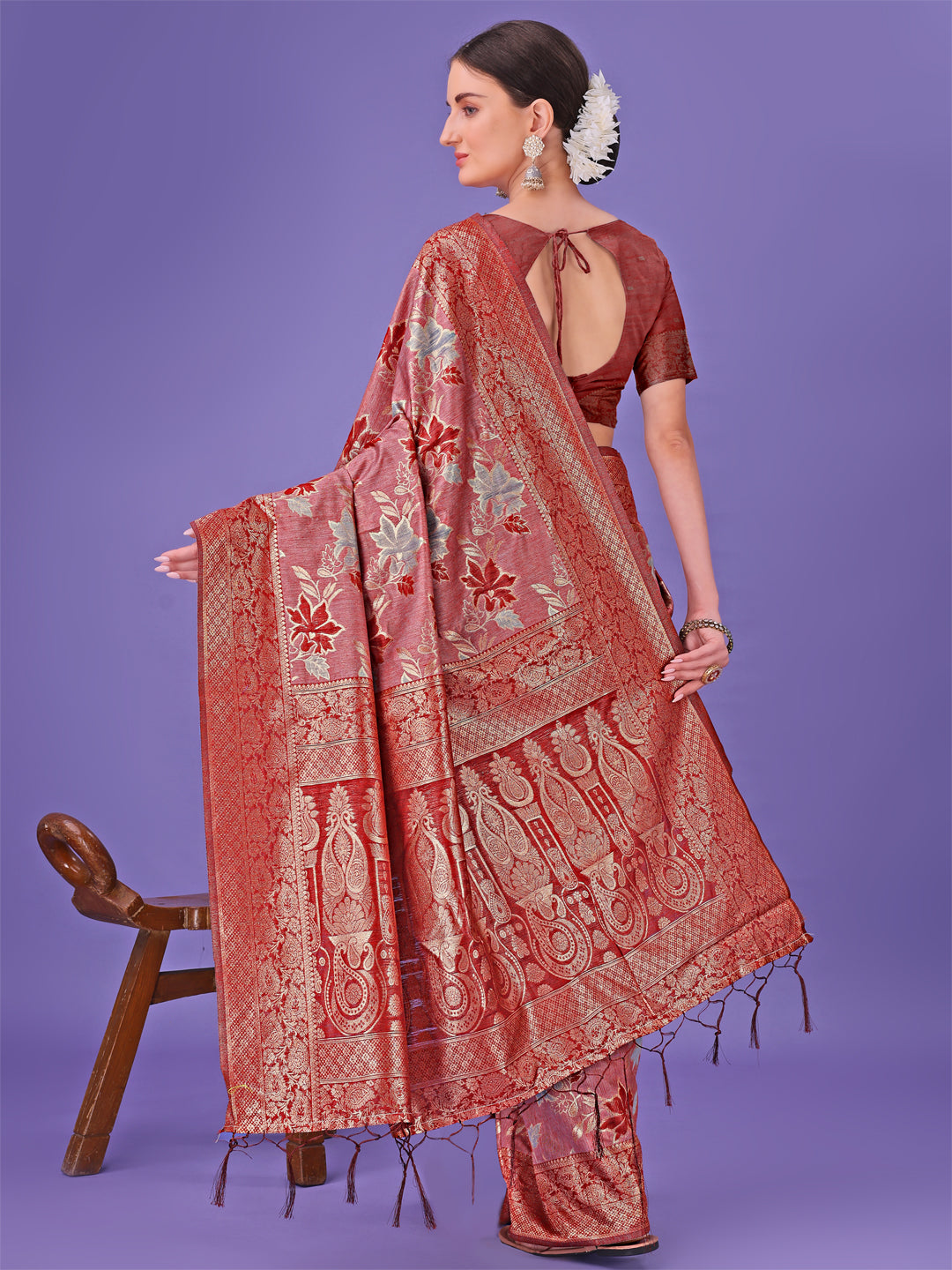 Astita Elegant Red Floral Lichi Silk Saree with Zari Weaving and Rich Pallu - Wedding & Festive Wear Saree - Distacart