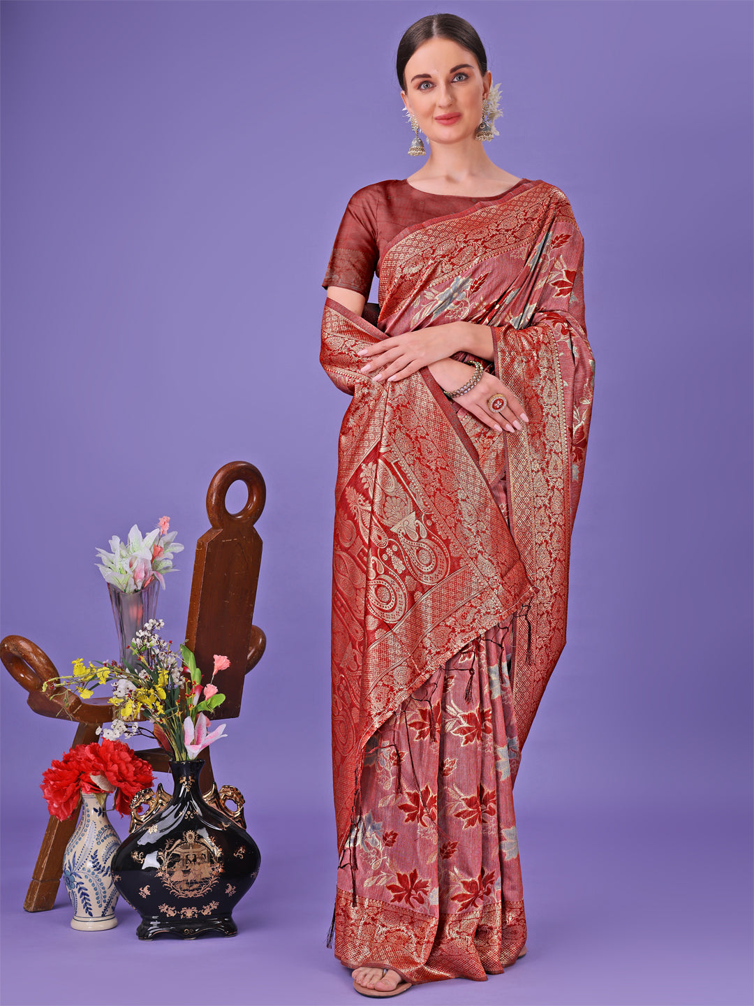 Astita Elegant Red Floral Lichi Silk Saree with Zari Weaving and Rich Pallu - Wedding & Festive Wear Saree - Distacart