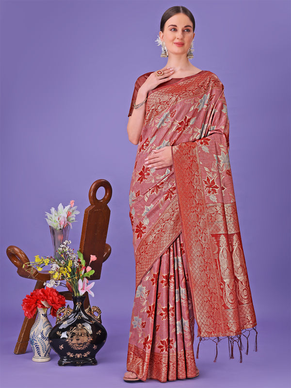 Astita Elegant Red Floral Lichi Silk Saree with Zari Weaving and Rich Pallu - Wedding & Festive Wear Saree - Distacart