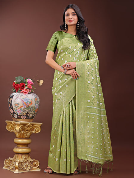 Astita Elegant Light Green Linen Saree with Silver Zari Butta & Pallu - Daily Wear | Festive Look | Soft Feel - Distacart