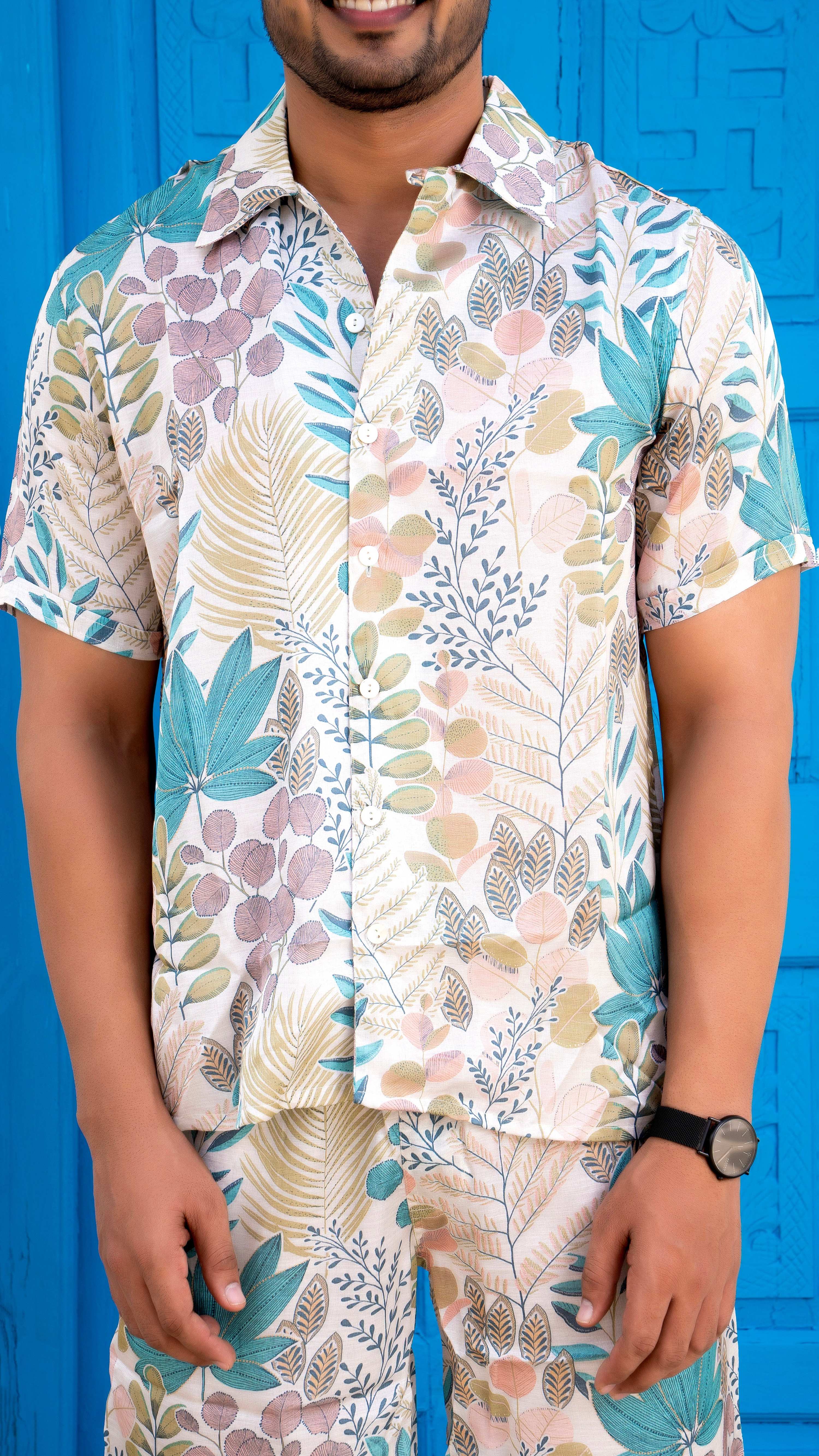 Noroke Sustainable fabric | Linen Satin Linen Blue Leaf Co-ord Set Men - Distacart