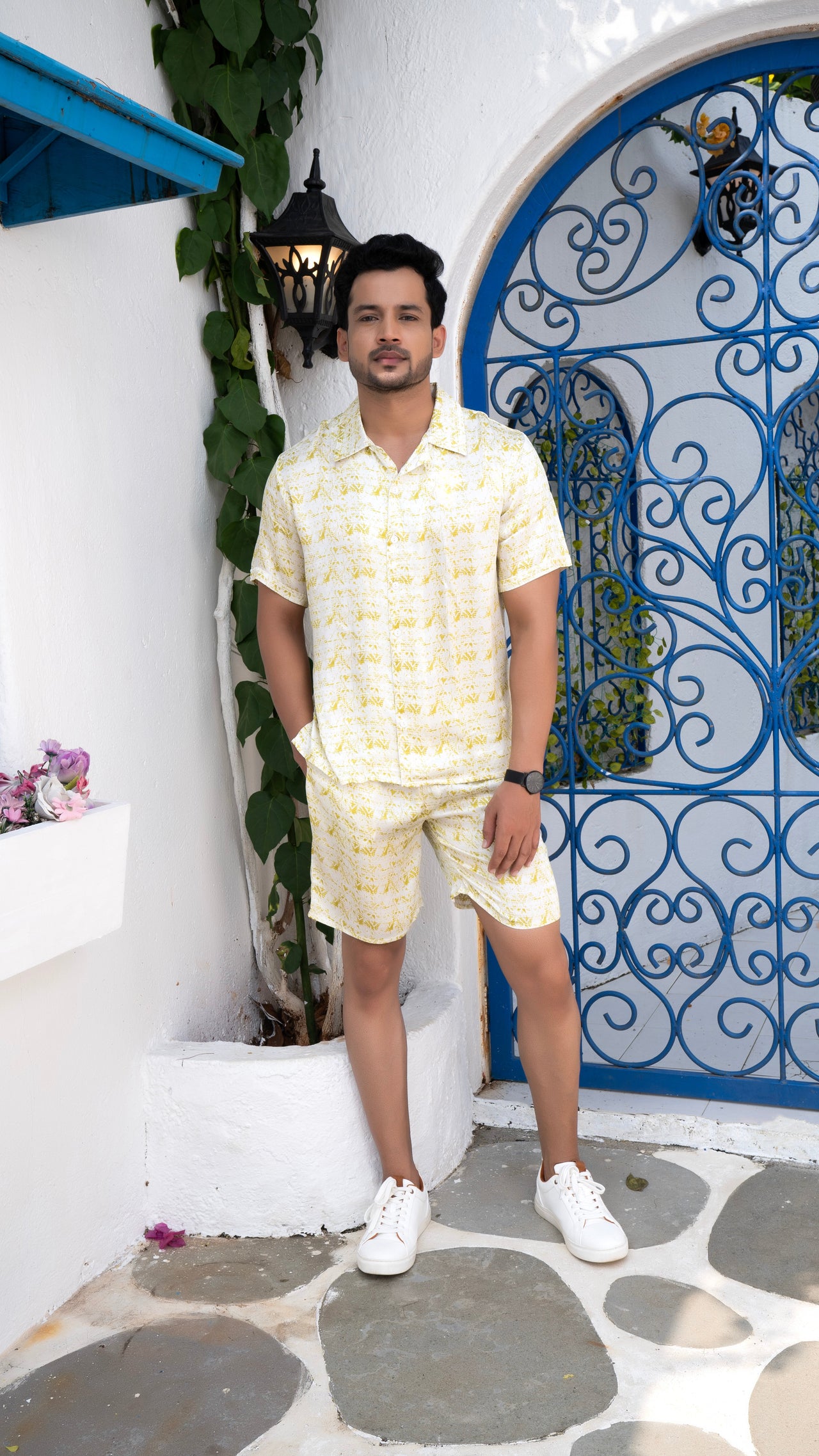 Noroke Cotton Satin White Chartreuse Co-ord Set Men