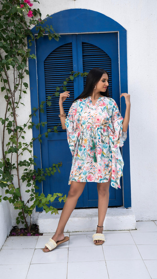 Noroke Linen Floral Short Kaftan Dress - Printed - Distacart